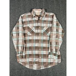 Vintage 70s Klondike Plaid Flannel Shirt Mens Large Brown Blue Permanent Press